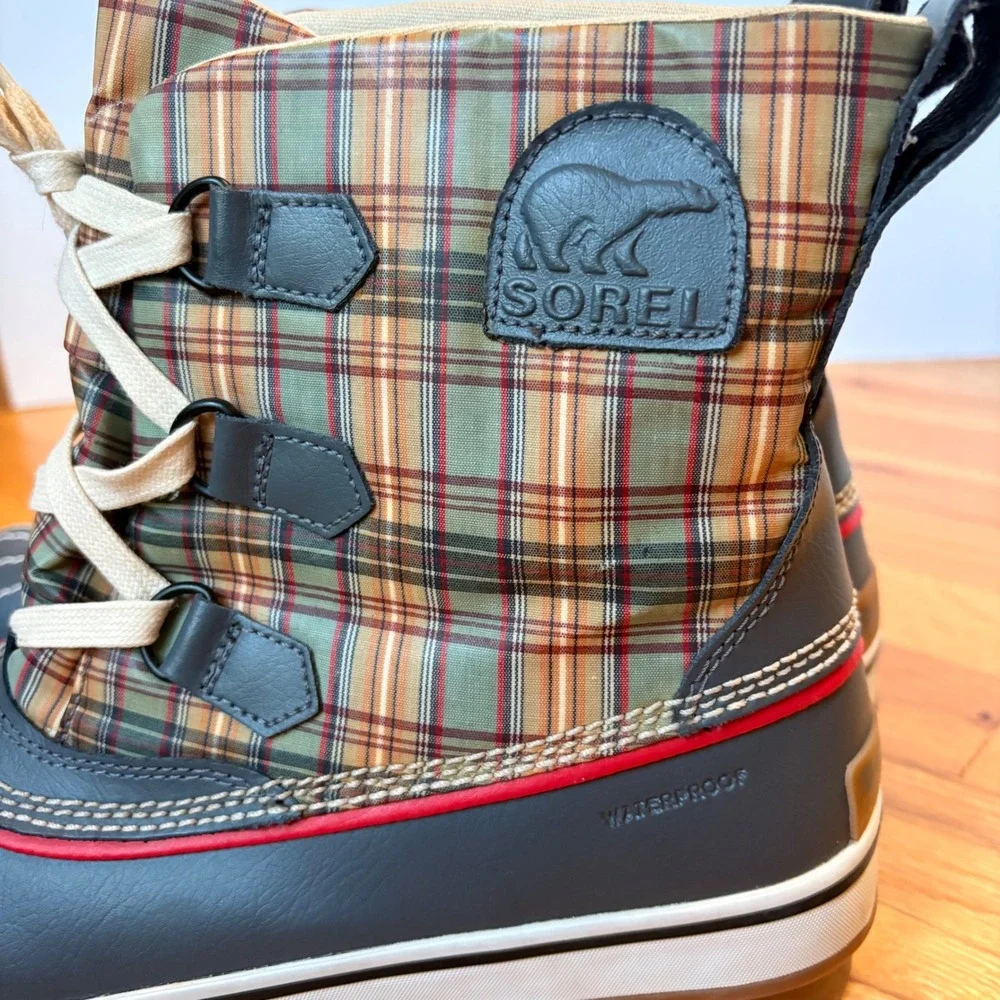 Sorel Tivoli Plaid Waterproof Winter Boots Blue Grey Tan Size 10